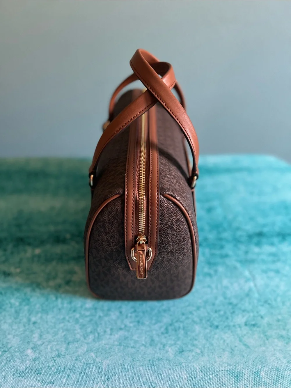 Michael Kors Brown MK Monogram Satchel with Leather Trim